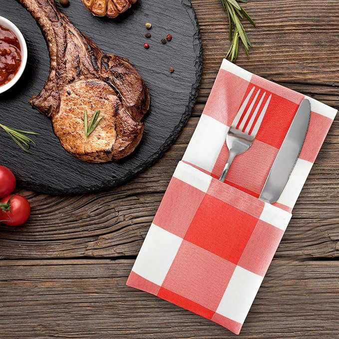 Buffalo Plaid Table Napkins Set of 25 Checkered Cloth Napkins 17x17 inch Washable Dinner Gingham Pattern Napkins Soft Napkins for Wedding Party Dining Banquet(Red and White)