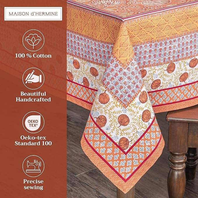 Maison d' Hermine Table Cloth Square Table 100% Cotton 60 x 60 Inches Fall Tablecloth Reusable Everyday Use for Thanksgiving Christmas Decorations Dining Farmhouse Party (Harvest Festival)
