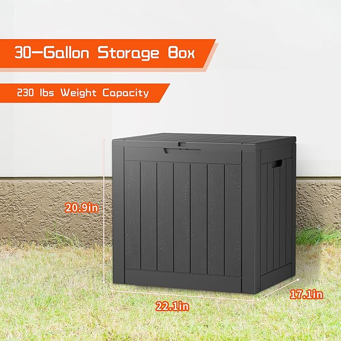 30 Gallon Deck Box,Resin Outdoor Storage Box with Lockable for Patio Furniture, Garden Tools Waterproof Outside Storage Box, Black