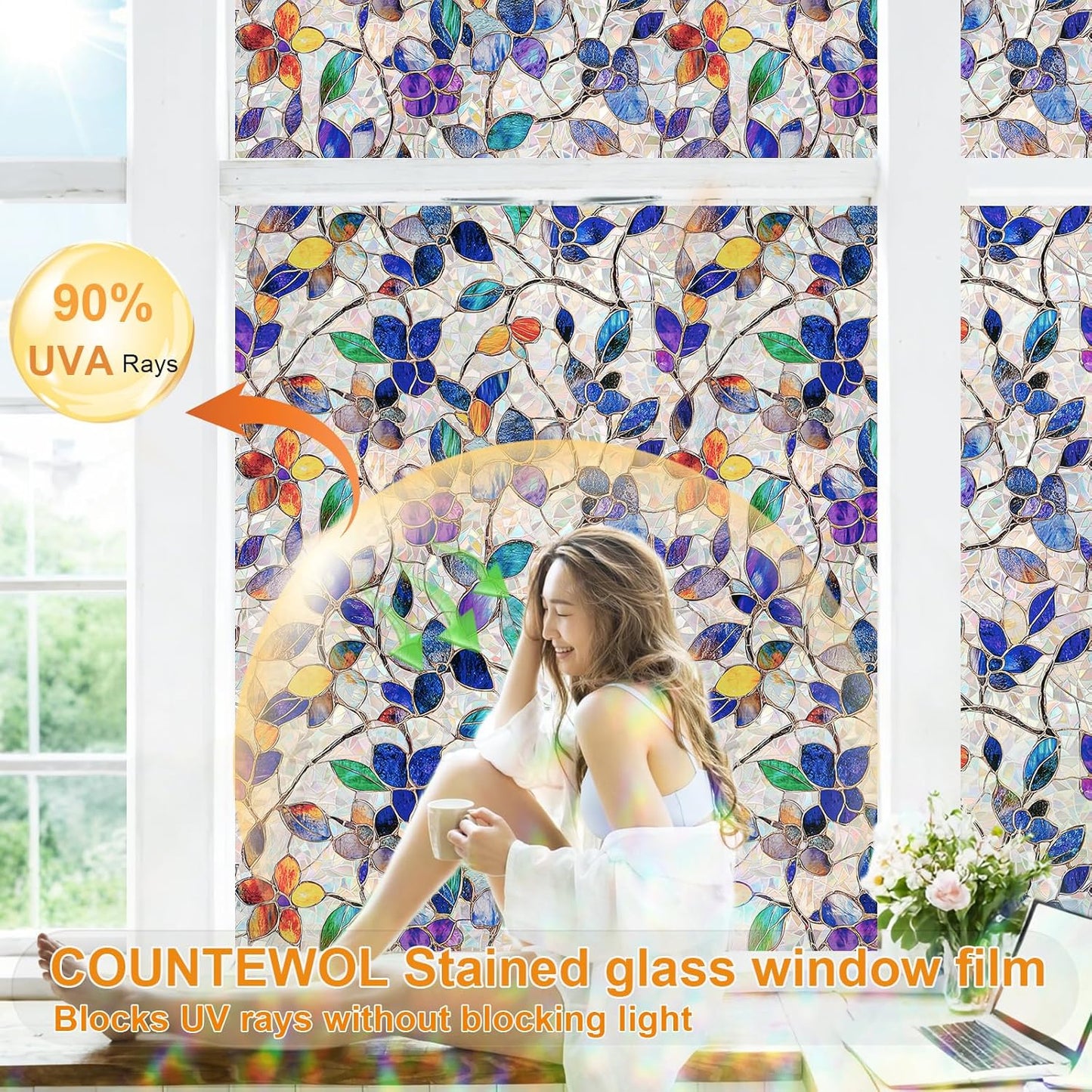 Window Privacy Film Stain Glass Window Film Rainbow Window Film Window clings Non-Adhesive Reusable Decorative for Room (Stained Leaf, 35.4 x 78.7 in)