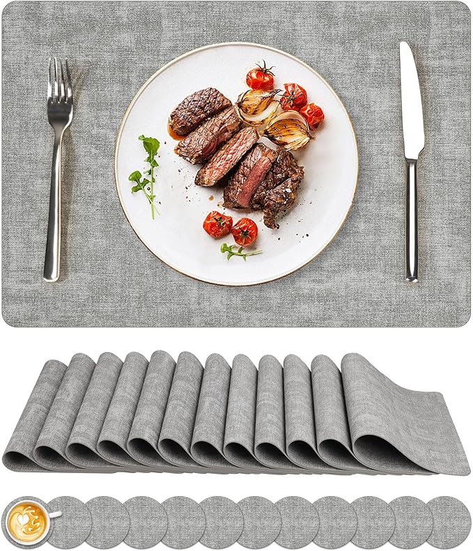 Vinyl Placemats Set of 12, Faux Leather Waterproof and Heat Resistant Place Mats, Washable Anti-Slip Table Mats with Coaster, Wipeable Placemats for Indoor & Outdoor 17" x 12" (Light Grey, Set of 12)