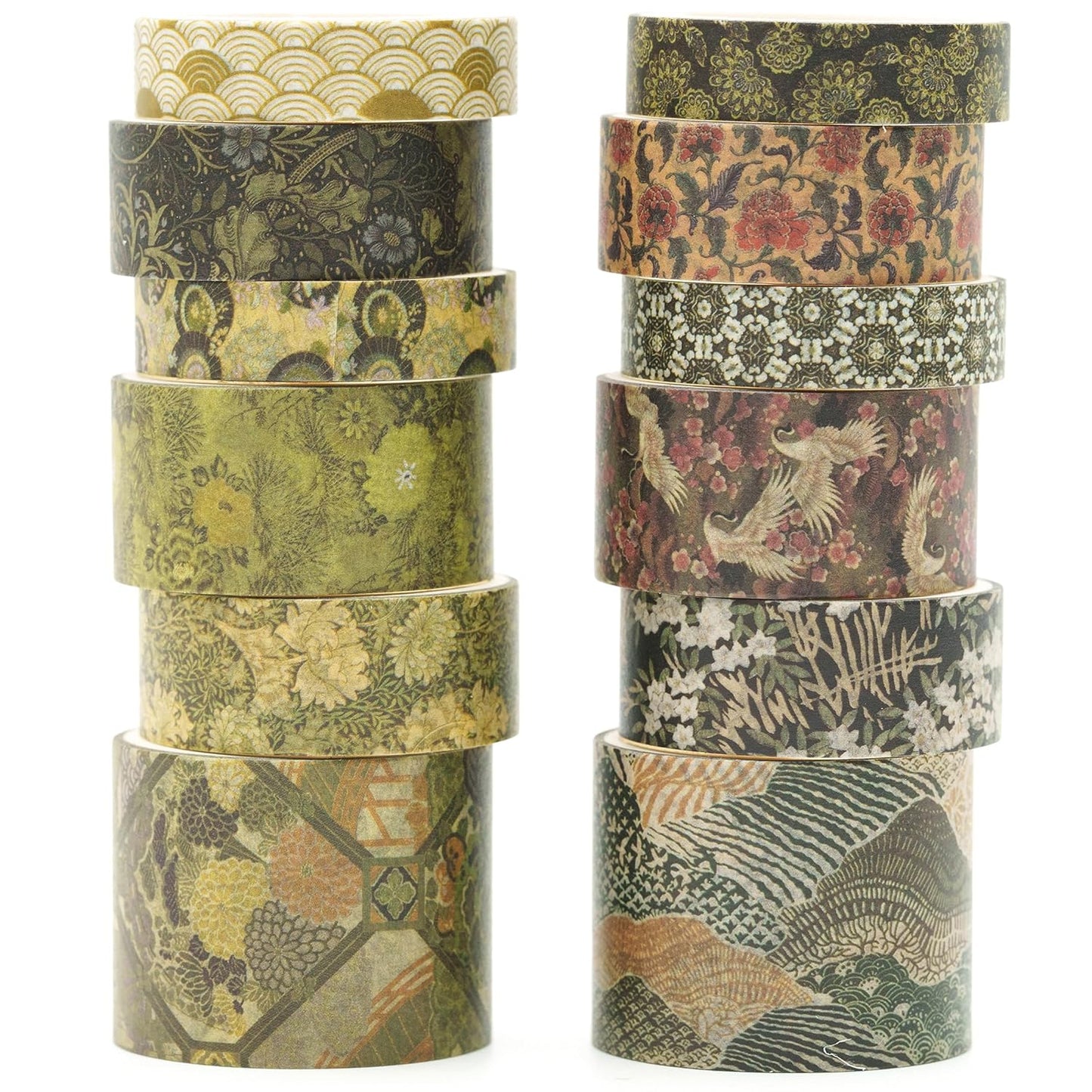 12 Rolls Kyoto Charm Washi Tape Set Japanese Arts Adhesive Tapes Geometric Garden Decorative Masking Tape Sets for Craft, Kids, Scrapbook, DIY, Gift Wrapping (Green Song)