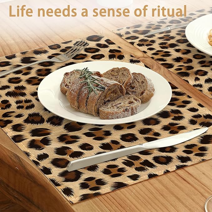 Leopard Skin Texture Placemats Set of 6, Placemats Washable Kitchen Dining Linen Table Mats Stain Heat-Resistant for Home Party Indoor 12x18 inch