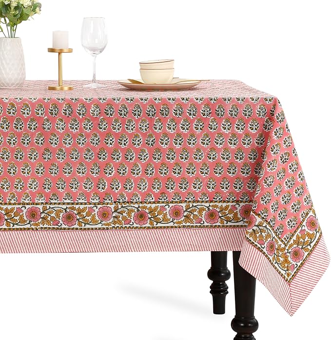 CPC Tablecloth 100% Cotton 60x60 Inch Indian Block Print Rectangle Table Cover, Washable Table Cloth for Weddings, Spring/Summer, Barbeque - Poppy Pink