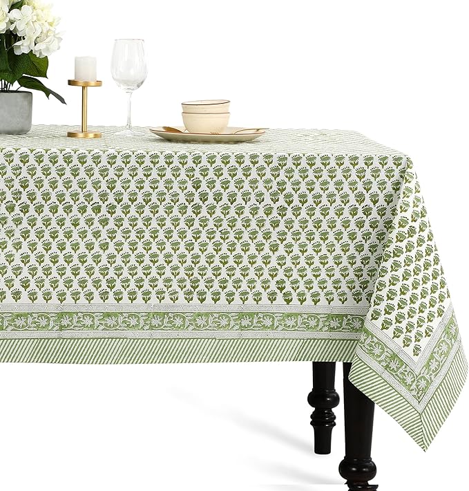 CPC Tablecloth 100% Cotton 70x108 Inch Indian Block Print Rectangle Table Cover, Green Table Cloth for Weddings, Spring/Summer, Barbeque - Emerald Green