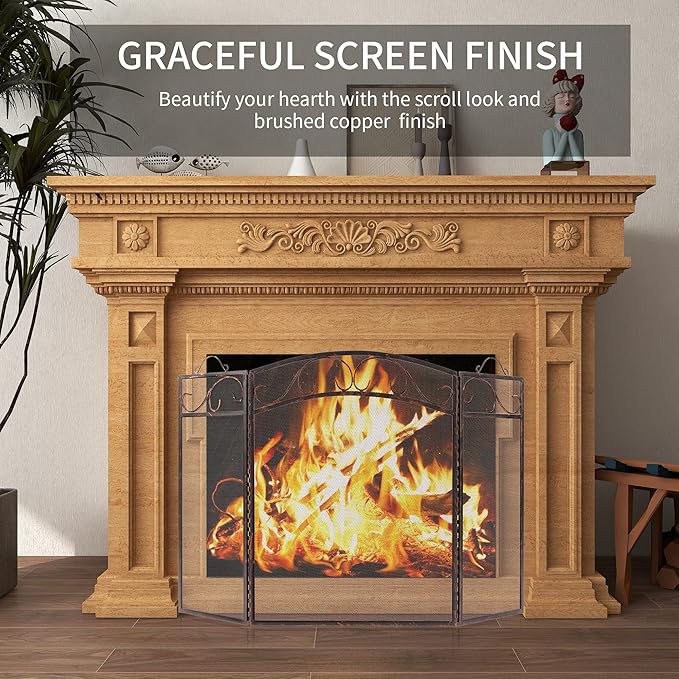 Fire Beauty Fireplace Screen 3 Panel with Handles Wrought Iron 51"(L) x31(H) Spark Guard Cover(Brushed Copper)