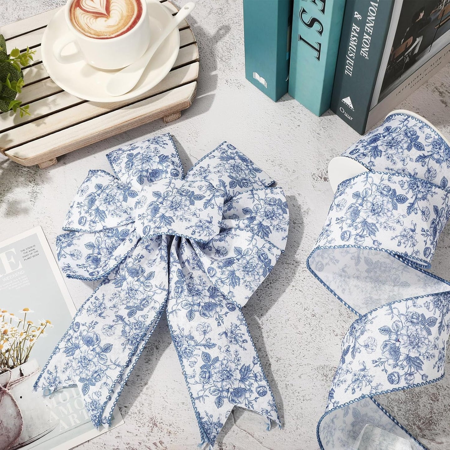 Generic AnyDesign Floral Wired Edge Ribbon Blue Flower Craft Ribbon Chinoiserie Decorative Fabric Ribbon for DIY Crafts Wreath Bow Making, 12 Yards