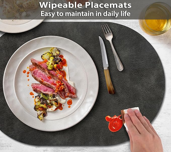 ADRIMER Placemats, Heat Resistant Oval Placemats Set of 12 Washable 12 x 17 Inch, Waterproof Table Mats, Wipeable Pu Place Mats for Kitchen, Dark Grey