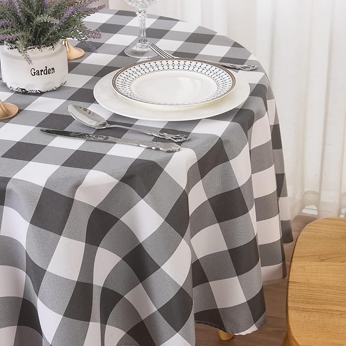 Cupuamon 2 Pack Waterproof Polyester Fabic Round Checkered Tablecloth，60 Outdoor Table Cloth，Oil Stain Prevention Table Cloth for Pinics and Parties（Gary and White）