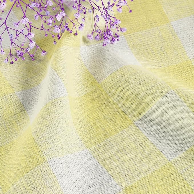Solino Home Linen Checkered Table Runner 120 Inches Long - 100% Pure Linen Yellow and White Buffalo Check Table Runner 14 x 120 Inch Ideal for Dining, Spring, Easter