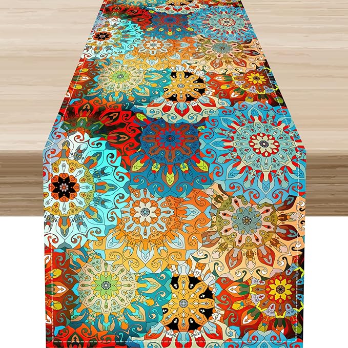Bohemian Mandala Table Runner, Vintage Colorful Boho Geometric Floral Flower Antique Paisley Rustic Coffee Table Center Decor for Family Kitchen and Living Room Outdoor Table Decorations, 13"x90"