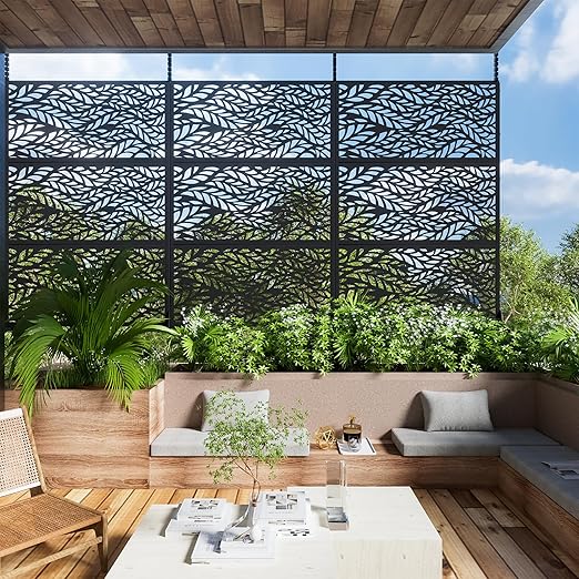Casaphoria 72" H x 47" W Metal Outdoor Privacy Screen, Freestanding Decorative Divider for Patio, Deck, Balcony, and Garden with Stable Base, Black Spring