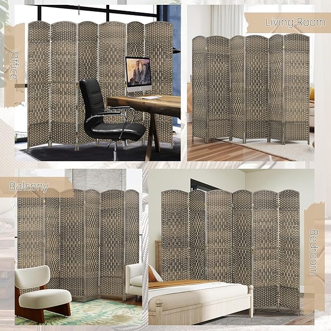 HOMCOM 6 Panel Room Divider, 6' Tall Folding Privacy Screen, Hand-Woven Freestanding Wall Partition for Home Office, Bedroom, Dark Rustic Oak