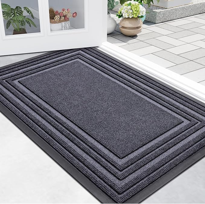 Buganda Front Door Mat Indoor Outdoor Entrance, Non-Slip Natural Rubber Doormats, Easy Clean, Low Profile, Dirt Trapper Entryway Floor Mats for Outside, Garages and Patios, 29.5x17, Grey