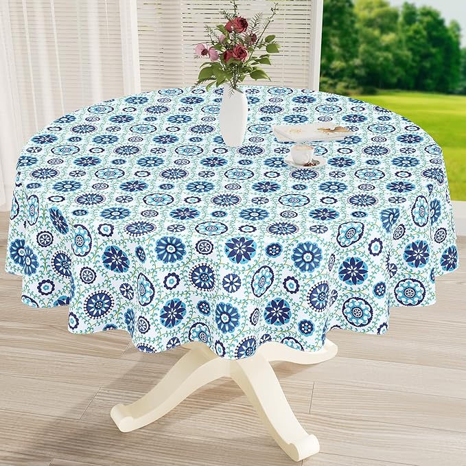 misaya Round Waterproof Vinyl Table Cloth, Wipeable Tablecloth with Flannel Backing, Plastic Table Cover for Dinner, Picnic, Indoor and Outdoor (Navy Mandala, 60")