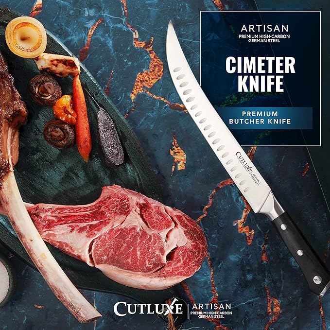 Cutluxe Butcher Knife – 10″ Cimeter Breaking Knife, Razor Sharp Forged High Carbon German Steel, Full Tang Meat Carving Knife, Ergonomic Handle Design, Grilling Gifts for Men – Artisan Series