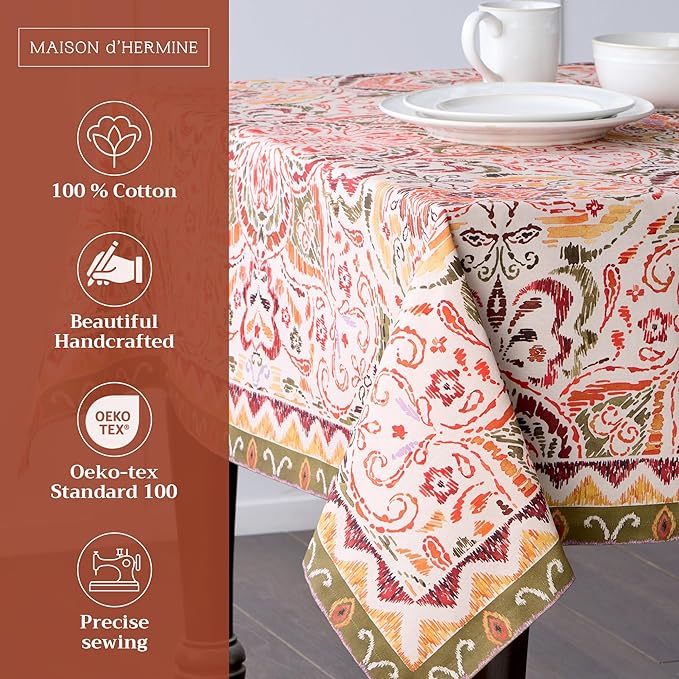 Maison d' Hermine Table Cloth Square Table 100% Cotton 60 x 60 Inches Fall Tablecloth Reusable Everyday Use for Thanksgiving Christmas Decorations Dining Farmhouse Party (Damask)