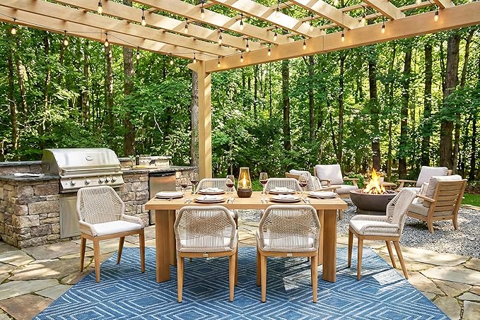 PURPLE LEAF 7 Pieces Patio Dining Set Aluminum Modern Rectangular Table and Wicker Chairs with Cushions for Kitchen Porch Garden Outdoor Furniture Sets, Teak