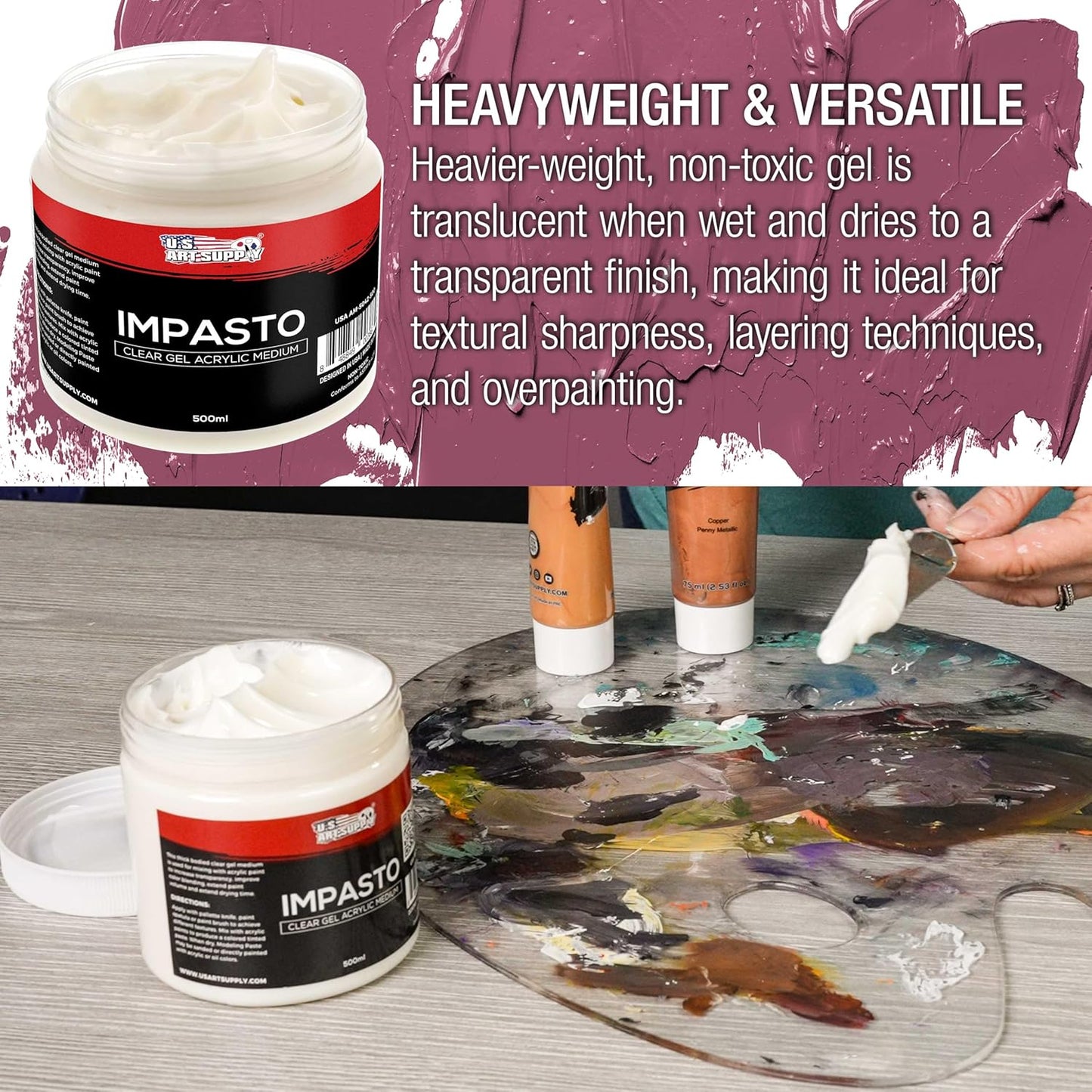 U.S. Art Supply Impasto Clear Acrylic Gel Medium (500ml Tub) - Layering & Extending Acrylic Paint