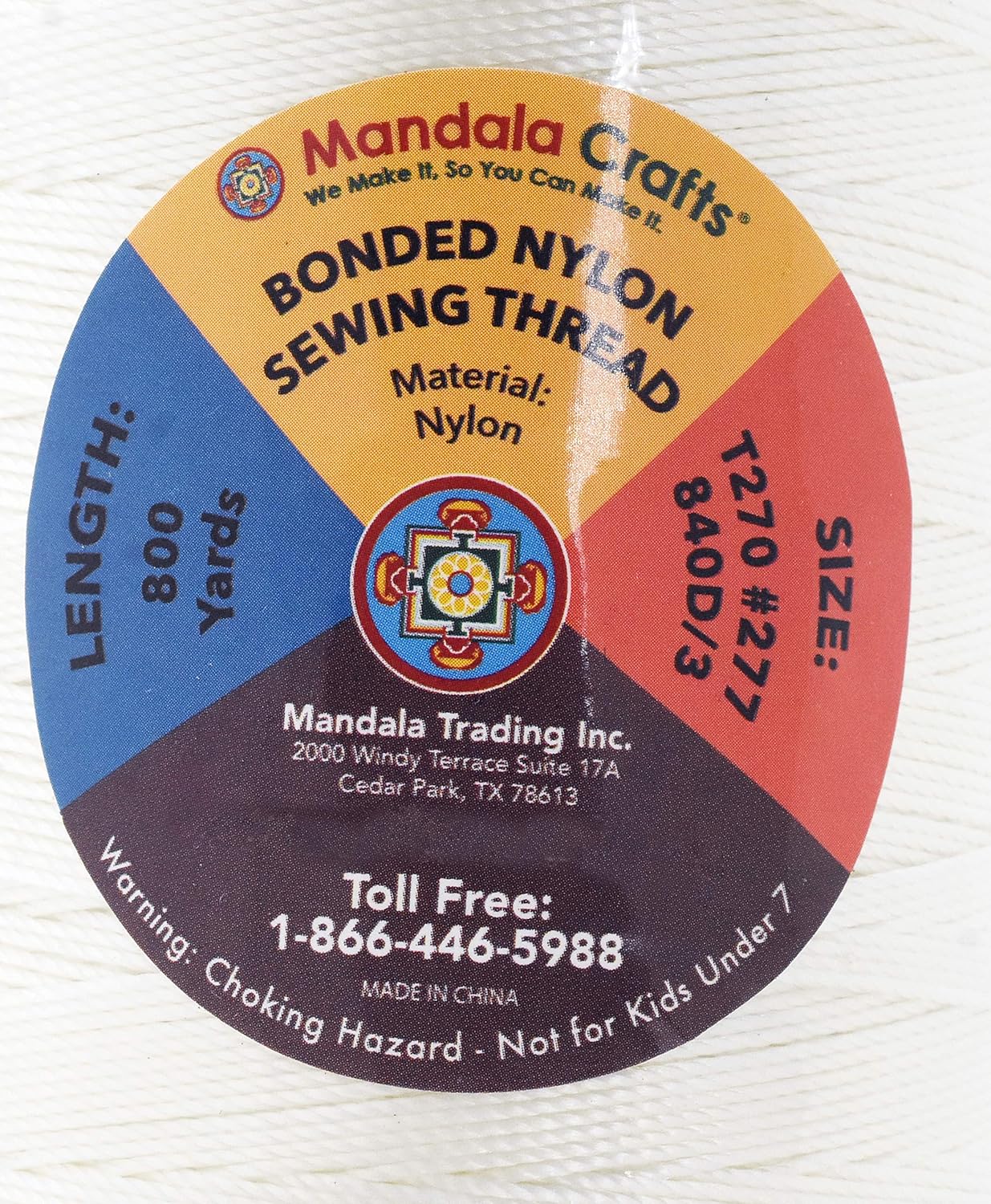 Mandala Crafts Heavy Duty Bonded Nylon Thread White - 800 YDs Size 277 840D T270 Tex 270 for Leather Jeans Weaving Outdoor Marine Upholstery