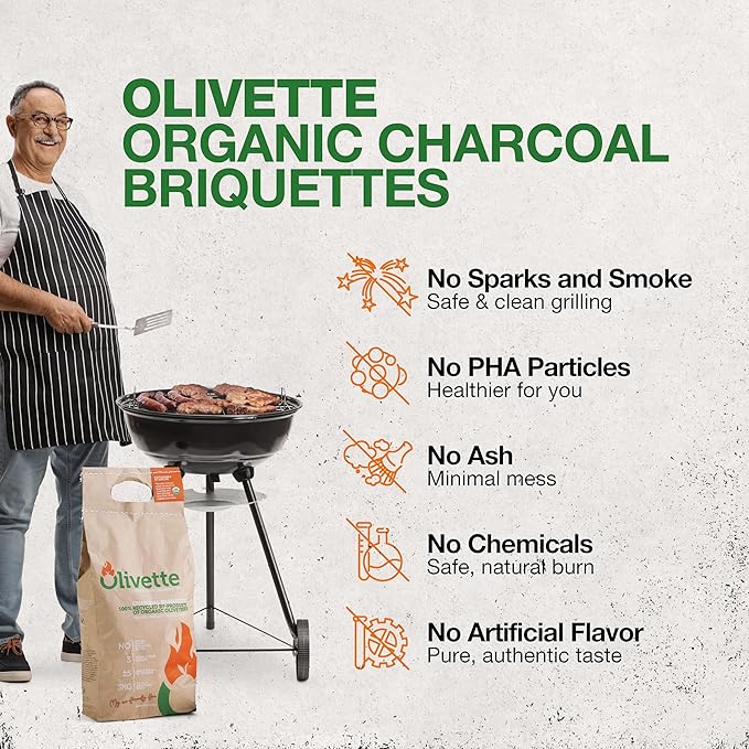 Organic Charcoal Briquettes by Olivette, Reusable Charcoal for Grilling, USDA Certified, Recycled Olive Tree Byproduct, Ready to Light, 6.6 lb. Bag Equal to 20 lb. of a Regular Charcoal, 2-Bag Pack