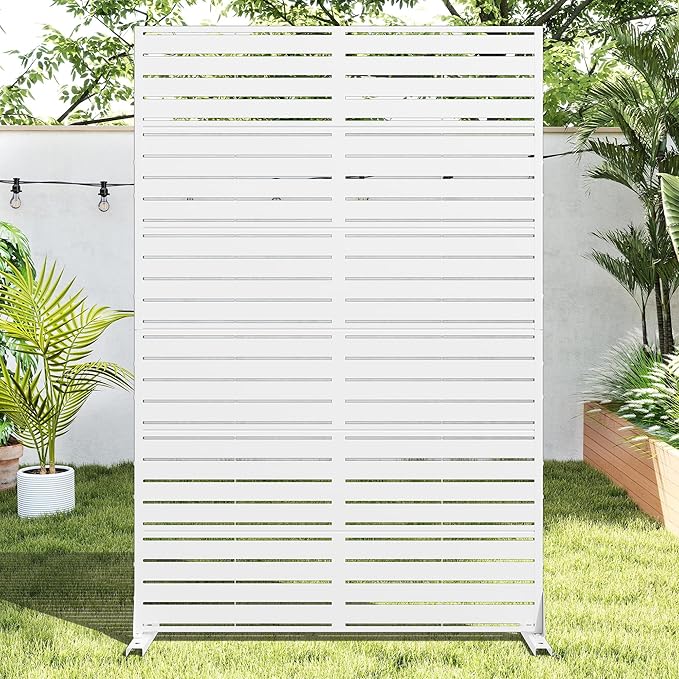 Casaphoria Metal Privacy Screen Outdoor, 72" H x 47" W Freestanding Decorative Privacy Screen for Patio Deck Balcony Garden with Stable Base, White-Louvered