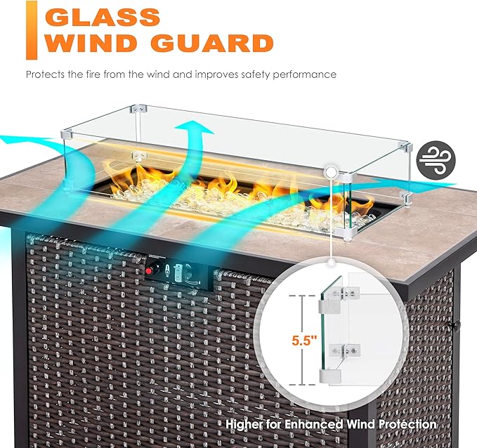 NUU GARDEN 27.6'' x 11.7'' x 6.5" Rectangular Fire Pit Wind Guard, Transparent Tempered Glass, Polished Aluminum Brackets, 3M Anti-Slip Pads, Fit for Best Choice 52-inch Fire Table WG01