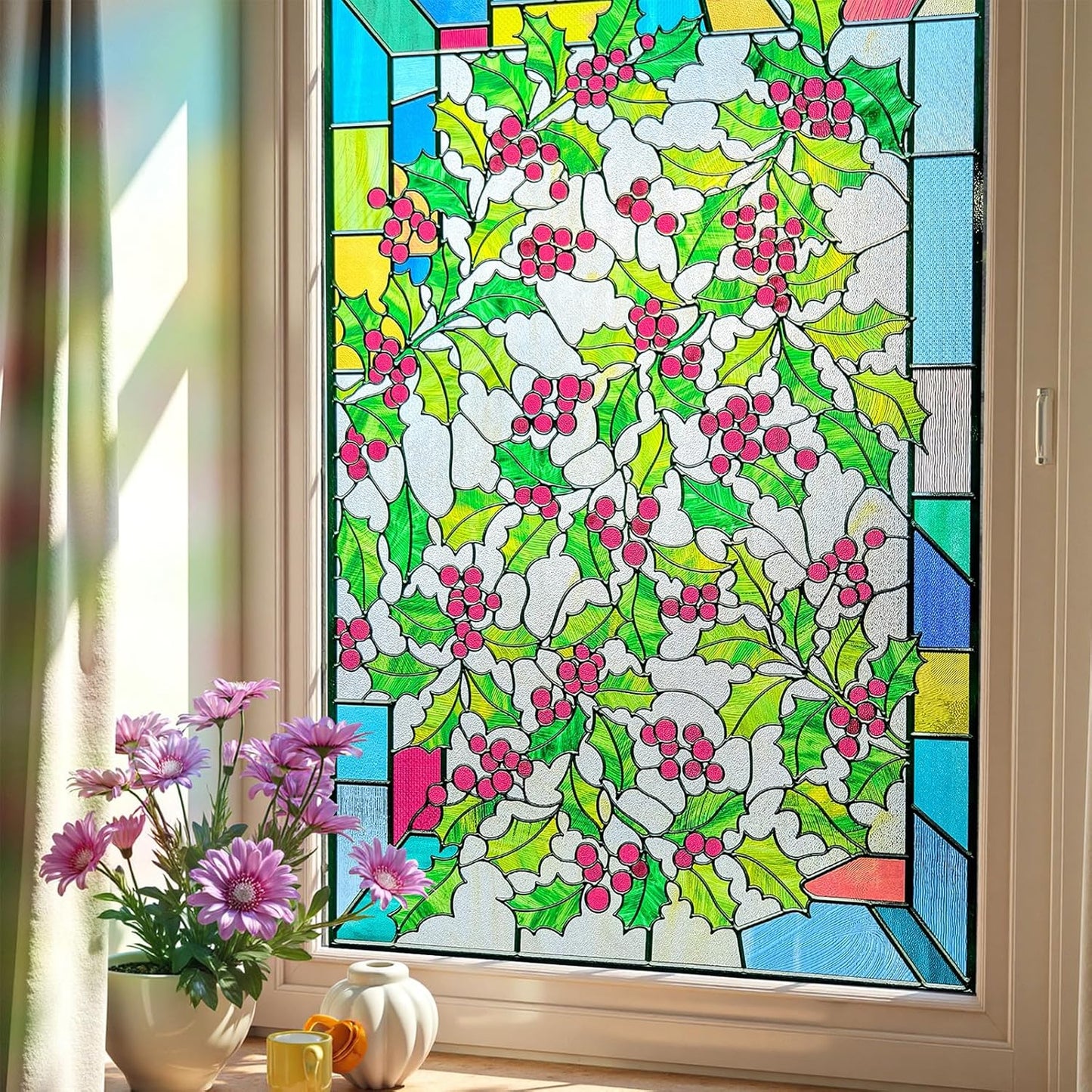 3D Stained Glass Window Film, Decorative Window Privacy Film for Bathroom,Front Door,Home, Sun Blocking Heat Control,Static Cling,23.6inch x 35.4inch Holly