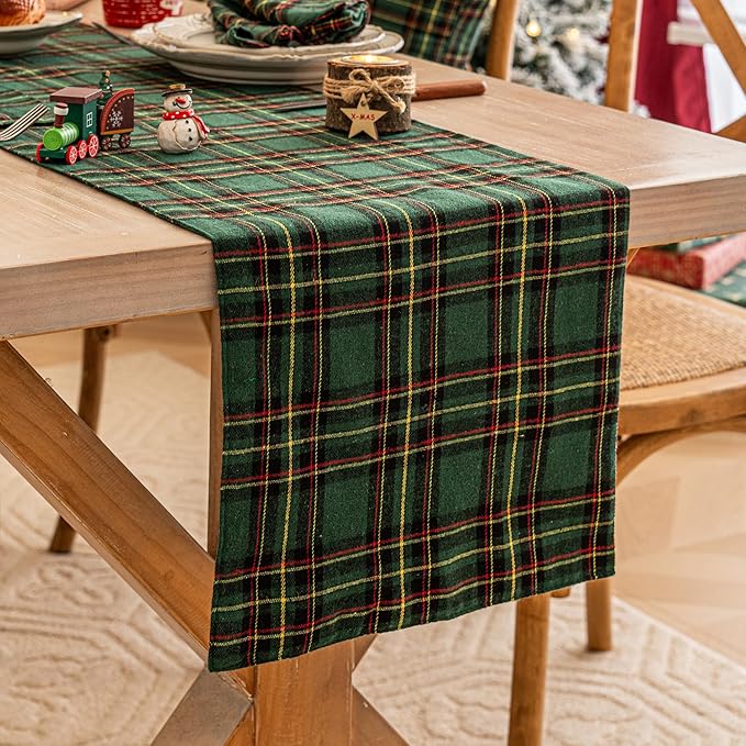 Green Yellow Plaid Christmas Table Runner, Winter Holiday Table Runners 72 inches Long Xmas Decorations Indoor Outdoor Farmhouse Home Kitchen Dining Party Decor