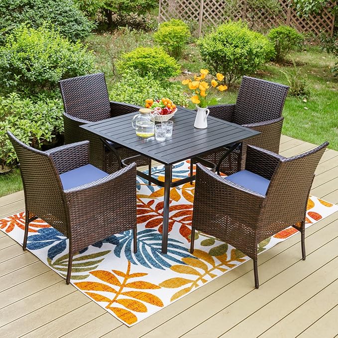 Sophia & William 5 Pieces Patio Dining Set with 9 ft Beige Patio Umbrella, Outdoor PE Rattan Chairs and Square Metal Table Set with Cushions and 1.57" Umbrella Hole for Backyard Porch Poolside