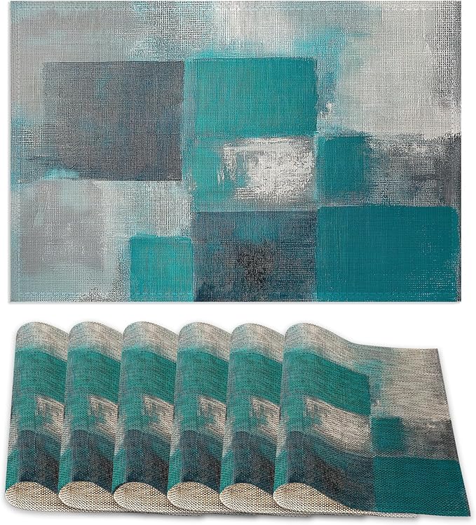 6 Pcs Placemats,Teal Gray Painting Placemat,Art Painting Table Mats Washable Recyclable Table Placemats for Indoor Outdoor Heat Resistant Kitchen Dining 12"x18"
