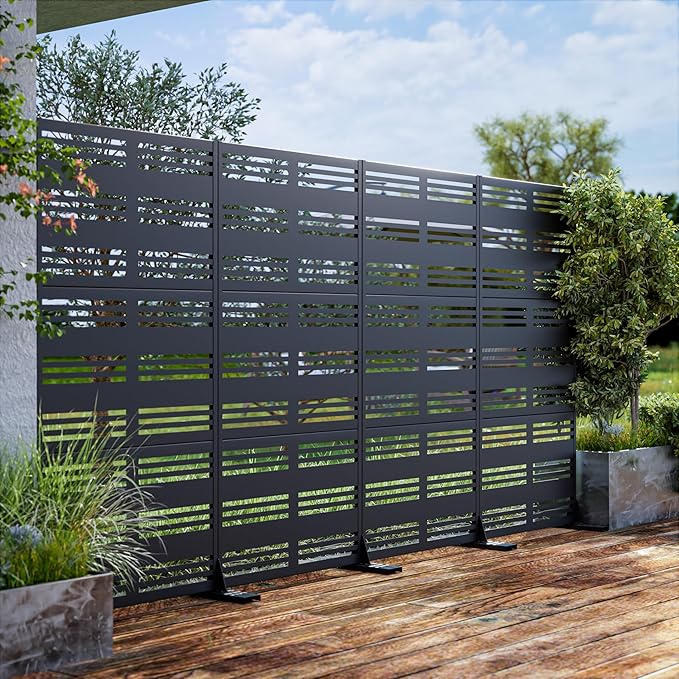 Casaphoria Metal Privacy Screen Outdoor, 72" H x 35" W Freestanding Decorative Privacy Screen for Patio Deck Balcony Garden with Stable Base, Harold Black