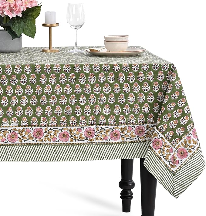 CPC Tablecloth 100% Cotton 60x60 Inch Indian Block Print Easter Square Table Cover, Table Cloth for Weddings, Parties- Jade Green 4-Seater