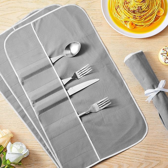 Hillban 12 Pcs Anti Tarnish Silver Storage Bags Silver Storage Cloth Felt Flatware Organizer Anti Tarnish Protector Bags Place Setting Roll with White Ribbon for Kitchen Cutlery (12 Slots,Grey)