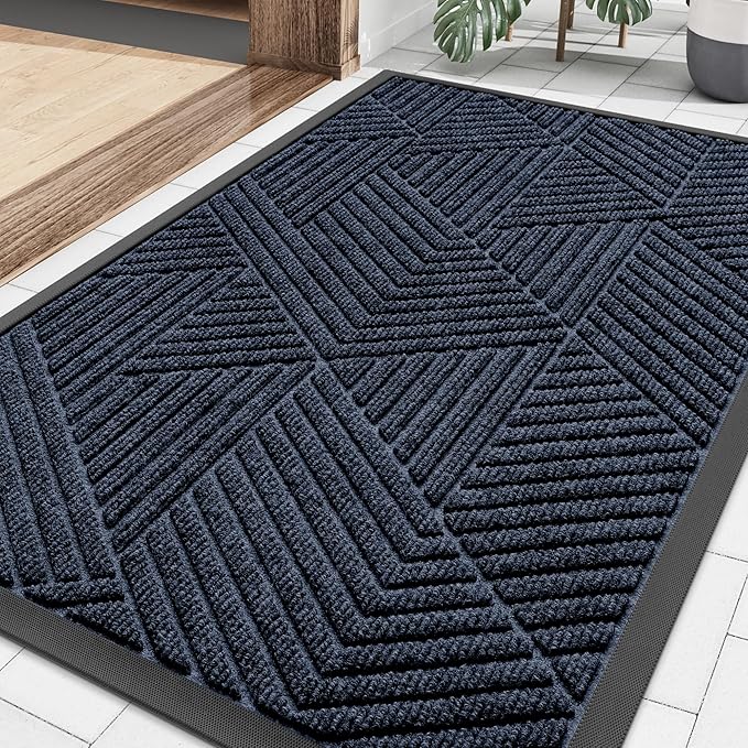 Smiry Front Door Mat Outside Entrance, Heavy Duty Sturdy Natural Rubber Doormat, Trap Dirt and Moisture, Easy Clean Low Profile Mats for Indoor Outdoor Entry, Irregular Triangle (36x24, Navy Blue)