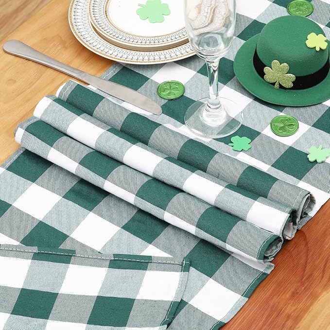 Green Plaid Table Runner 2 Packs 13 x 84 inch Buffalo Check Table Runner St. Patrick's Day Cotton Dresser Scarves for Home Party Dinner Gatherings Decorations
