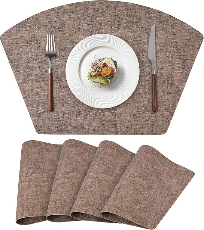 Round Table Placemats Set of 4, Faux Leather Wedge Shape Place Mats Heat Resistant Wipeable Washable Table Mats for Dining Outdoor Indoor, Brown