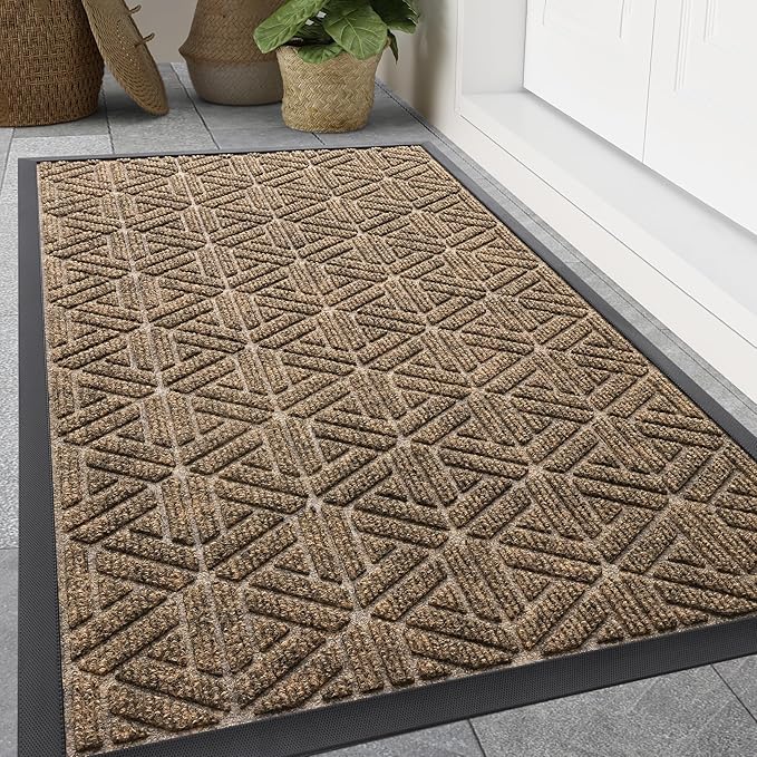 Smiry Front Door Mat Outside Entrance, Heavy Duty Sturdy Natural Rubber Doormat, Trap Dirt and Moisture, Easy Clean Low Profile Mats for Indoor Outdoor Entry, Grid Geometric (59x35, Brown)