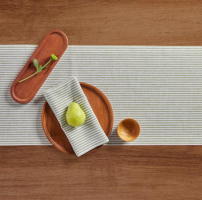 Solino Home Linen Table Runner 90 Inches Long - Narrow Stripe, 100% Pure Linen Avocado and White Farmhouse Table Runner 14 x 90 Inch for Dining, Winter, Spring, St Patricks Day, Easter