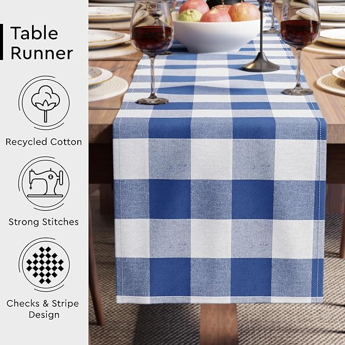 Encasa XO Cotton Dining Table Runner | Buffalo Blue Checks | Size 13x104 in - Machine Washable & Durable