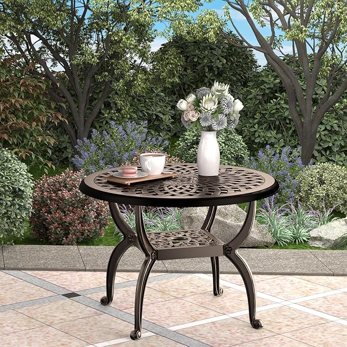 Cast Aluminum Outdoor Side Table, All Weather Round Bistro Table, Outdoor Coffee Table, Small End Table for Patio, Indoor, Lawn, Garden, Bronze