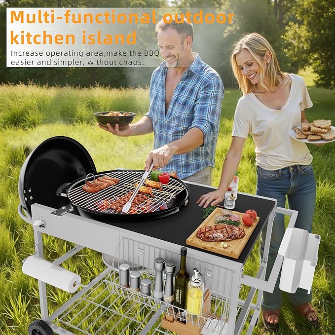 Vongrasig Grill Cart for Weber Kettle 18" & 22", Charcoal Grill Table, Outdoor Kitchen Island with Storage for Jumbo Joe,Master-Touch Charcoal Grill, Silver