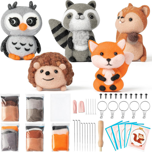 WATINC Needle Felting Kit - 5 Set Unique Different Cute Doll Wool Felt Needle Tools Foam Pad Instruction, DIY Home Decoration Craft Party Supplies for Art Work Starter Beginners (Woodland Animal)