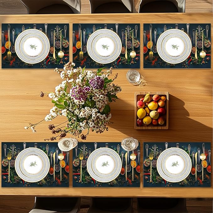 Various Herbs Placemats Set of 6,Spices for Cooking Table Mates Non-Slip Heat Resistant Washable Linen Place Mats for Party Kitchen Dining Decoration Indoor Outdoor 12"x18"