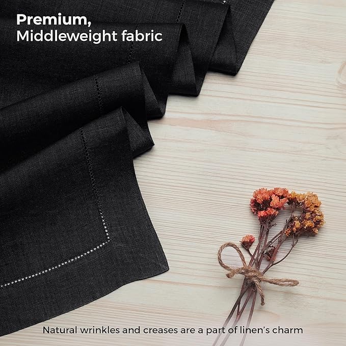 D'Moksha Homes Linen Black Table Runner 108 Inches Long - 100% Pure Linen 14 x 108 Inch Table Runner for Spring, Easter - Classic Hemstitch