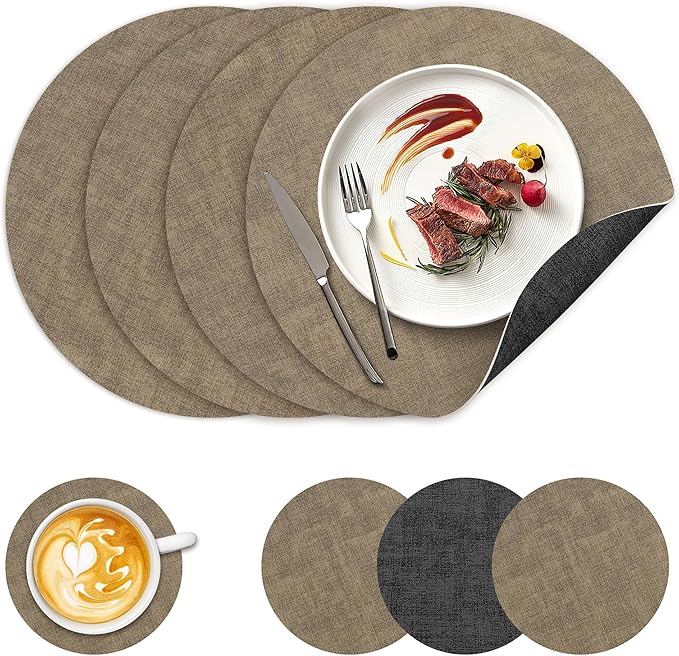 13" Round Placemats Set of 4, NCUE Dual-Sided Faux Leather Heat Resistant Table Mats, Waterproof Oilproof Washable Protective Table Placemats with Coaster, Wipeable Vinyl for Indoor & Outdoor Use