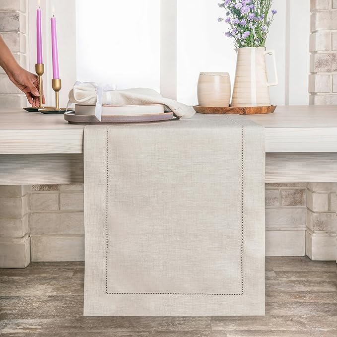 D'Moksha Homes Linen Light Natural Table Runner 108 Inches Long - 100% Pure Linen 14 x 108 Inch Table Runner for Valentines, Spring, Easter - Classic Hemstitch