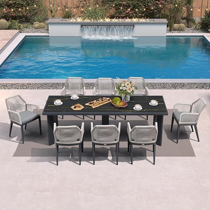 PURPLE LEAF 9 Pieces Patio Dining Set Aluminum Modern Rectangular Table and Rattan Arm Chairs with Cushions for Kitchen Porch Garden Outdoor Furniture Sets, Dark Grey