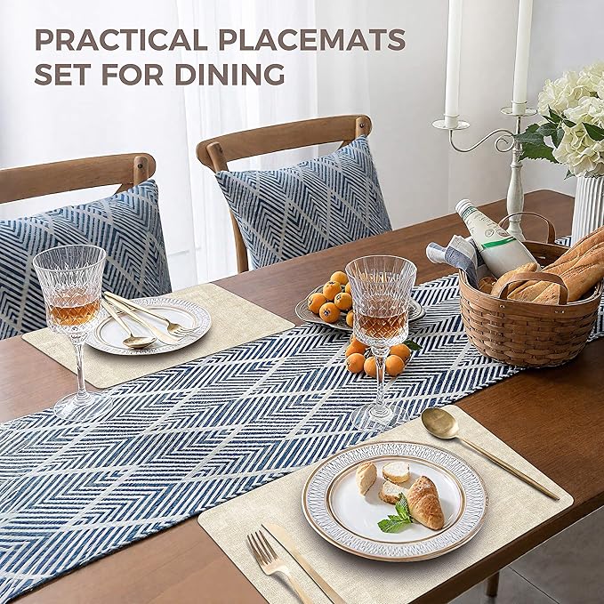 Vinyl Placemats Set of 12, Faux Leather Waterproof and Heat Resistant Place Mats, Washable Anti-Slip Table Mats with Coaster, Wipeable Placemats for Indoor & Outdoor 17" x 12" (Beige, Set of 12)