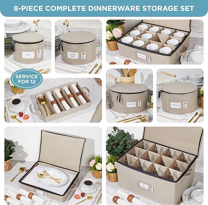 China Storage Hard Shell Containers 8-Piece Set Moving Boxes for Dinnerware, Glasses, Plates, Mugs and Saucers Sturdy Dish Organizer with Dividers for Seasonal Storage - Service for 12 - Brown